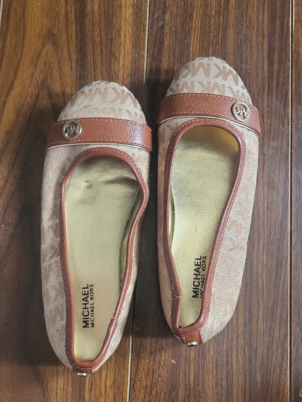 Michael Kors Beige and Brown Logo Mary Jane Ballet Flats